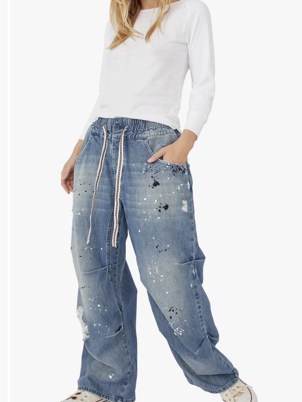 Free People Modern Love Pull On Jeans We The Free Splatter Blue Combo Medium